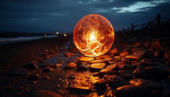 ai genererad lysande flamma tänds mörk sommar natt, reflekterande på vatten genererad förbi ai foto