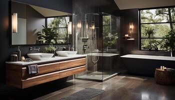ai genererad modern, elegant badrum design med lyxig marmor, upplyst förbi naturlig ljus genererad förbi ai foto
