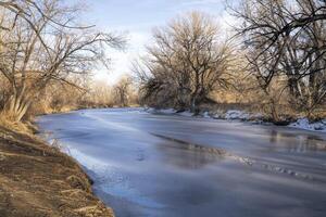 vinter- landskap av frysta poudre flod i fort collins, colorado foto