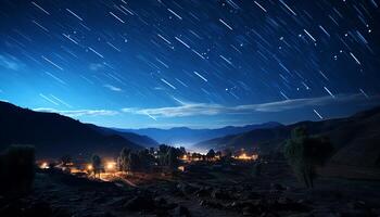 ai genererad natt berg upplyst förbi stjärna spår i de mjölkig sätt genererad förbi ai foto