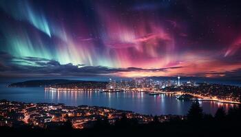 ai genererad natt stadsbild upplyst förbi de mjölkig sätt, resa genom natur galax genererad förbi ai foto