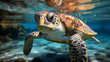 ai genererad en stor, mång färgad hav sköldpadda simning i de lugn rev genererad förbi ai foto