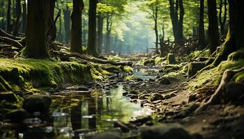 ai genererad lugn scen grön träd speglar i strömmande vatten, natur skönhet genererad förbi ai foto