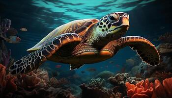 ai genererad under vattnet sköldpadda simning i natur blå, tropisk vatten- paradis genererad förbi ai foto