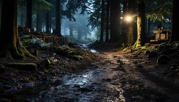 ai genererad lugn scen mörk skog, mystisk dimma, läskigt natt, skönhet i natur genererad förbi ai foto