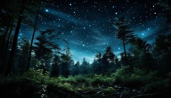 ai genererad mystisk natt himmel tänds lugn skog, avslöjande kosmisk skönhet genererad förbi ai foto