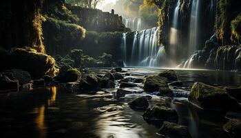 ai genererad majestätisk vattenfall flöden genom tropisk regnskog, reflekterande naturlig skönhet genererad förbi ai foto