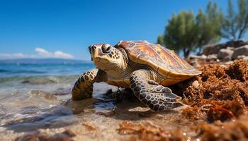 ai genererad sköldpadda kryper långsamt på sand, njuter skön tropisk kustlinje genererad förbi ai foto
