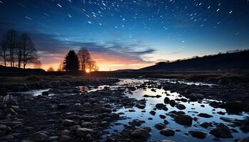 ai genererad silhuett av träd på fjäll, solnedgång speglar på lugn vatten genererad förbi ai foto