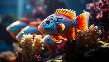 ai genererad vibrerande clown fisk simning i en färgrik under vattnet rev genererad förbi ai foto