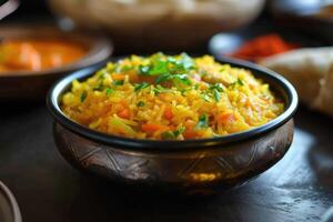 ai genererad khichdi eller khichri är en maträtt i söder asiatisk kök tillverkad av ris och linser med talrik variationer foto