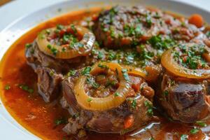 ai genererad anbud och smakrik, osso buco - en klassisk italiensk maträtt. generativ ai foto