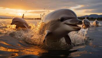 ai genererad en lekfull delfin hoppar i de solnedgång, besprutning lycka genererad förbi ai foto