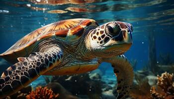 ai genererad en skön hav sköldpadda simning i de färgrik korall rev genererad förbi ai foto