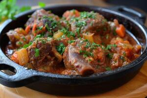 ai genererad anbud och smakrik, osso buco - en klassisk italiensk maträtt. generativ ai foto