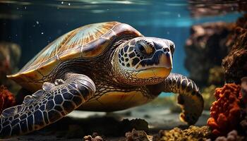 ai genererad en skön sköldpadda simning i de blå under vattnet rev genererad förbi ai foto