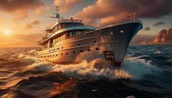 ai genererad segling Yacht glider på blå vågor, fattande natur skönhet genererad förbi ai foto