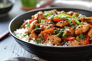 ai genererad asiatisk inspirerad äter, upphöjande kyckling woka. generativ ai foto