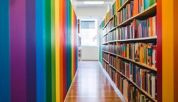 ai genererad en modern bibliotek med en stor samling av färgrik böcker genererad förbi ai foto