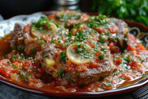 ai genererad anbud och smakrik, osso buco - en klassisk italiensk maträtt. generativ ai foto