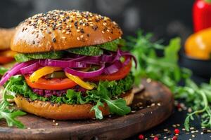 ai genererad avokado smörgås med vegan hamburgare, steka gul peppar och inlagd röd kål. selektiv fokus. generativ ai foto