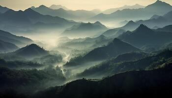 ai genererad majestätisk berg topp silhuetter i lugn dimmig landskap genererad förbi ai foto