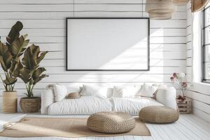 ai genererad minimalistisk bondgård levande rum med tom ram attrapp på vit trä- vägg måla foto