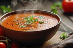 ai genererad tomat shorba en ångande skål av krämig tomat soppa garnis. generativ ai foto