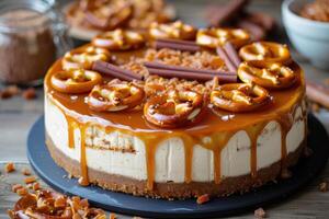 ai genererad salt ljuv symfoni, förtjusande i saltade kola pretzel cheesecake. generativ ai foto