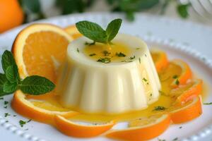 ai genererad snygghet fröjder, panna cotta med knäppt orange sås. generativ ai foto