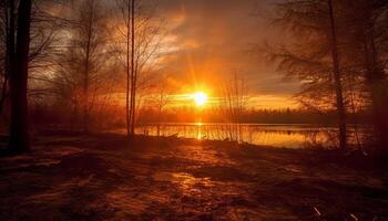 ai genererad lugn scen solnedgång över skog, reflekterande i lugn damm genererad förbi ai foto