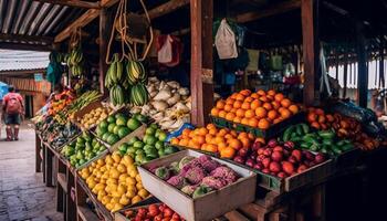 ai genererad färsk frukt och grönsaker, mängd av färger, natur friska överflöd genererad förbi ai foto
