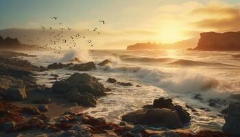 ai genererad solnedgång över de kustlinje, vågor kraschar på klippig klippor genererad förbi ai foto