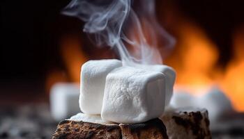 ai genererad brinnande trä skapar värme, matlagning marshmallows för en ljuv efterrätt genererad förbi ai foto