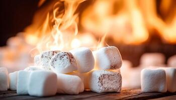 ai genererad brinnande marshmallow på flamma, en ljuv mellanmål för flathet genererad förbi ai foto