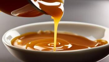 ai genererad häller honung in i en skål, ljuv och organisk efterrätt genererad förbi ai foto