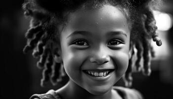 ai genererad leende barn, svart och vit porträtt, glad och söt genererad förbi ai foto