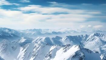 ai genererad snö capped berg, isig toppar, panorama- vinter- landskap, extrem äventyr genererad förbi ai foto