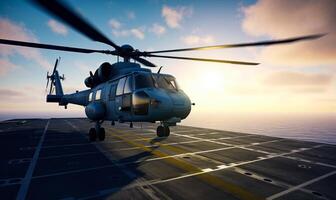 ai genererad militär helikopter landning på flygplan bärare i de ändlös blå hav på solnedgång. foto