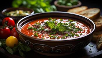 ai genererad färsk hemlagad tomat soppa, en friska vegetarian måltid på trä genererad förbi ai foto