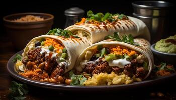 ai genererad en gourmet mexikansk måltid nötkött, fläsk, och vegetabiliska enchilada genererad förbi ai foto