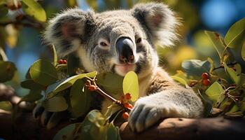 ai genererad söt koala Sammanträde på gren, äter eukalyptus blad i skog genererad förbi ai foto