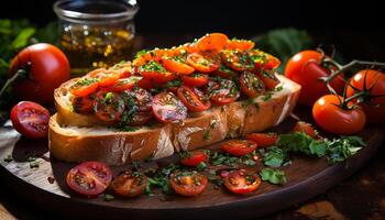 ai genererad färsk grillad tomat och mozzarella smörgås på rostat ciabatta bröd genererad förbi ai foto