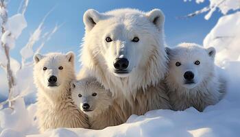 ai genererad tre söt samojed hundar spelar i de snöig arktisk genererad förbi ai foto