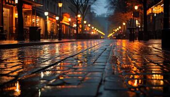 ai genererad lysande stad gata, upplyst förbi vibrerande gata lampor på skymning genererad förbi ai foto