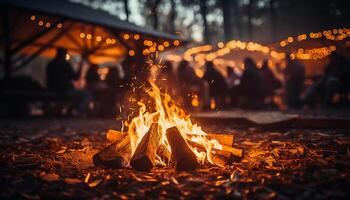 ai genererad lysande bål tänds mörk natt, föra värme och samhörighet genererad förbi ai foto