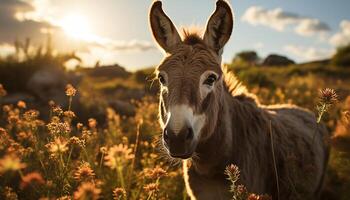 ai genererad söt djur betning i äng, njuter sommar solnedgång genererad förbi ai foto