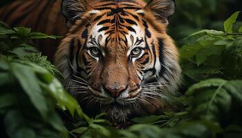 ai genererad majestätisk bengal tiger stirrande, vild skönhet i natur tropisk regnskog genererad förbi ai foto