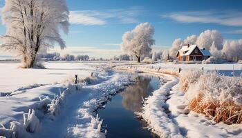 ai genererad vinter- landskap snö täckt träd i lugn skog, frysta äng genererad förbi ai foto