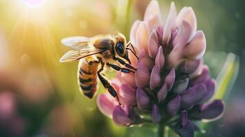 ai genererad vibrerande vild blomma närbild bi pollinering i äng fångad med makro lins foto